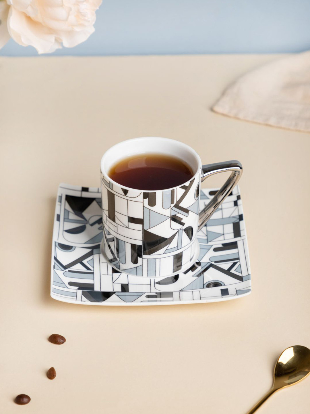 

Nestasia White & Grey Set Of 2 Printed Ceramic Glossy Cups and Saucers