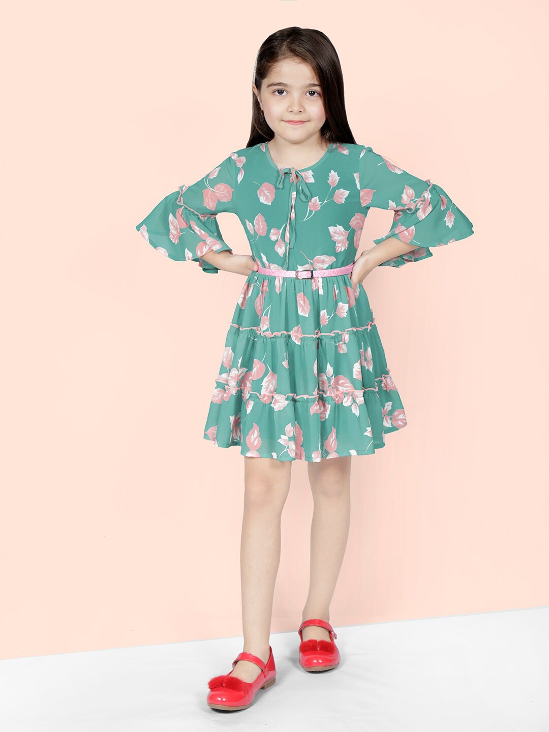 

Naughty Ninos Girls Green & Pink Floral Tie-Up Neck Crepe Dress