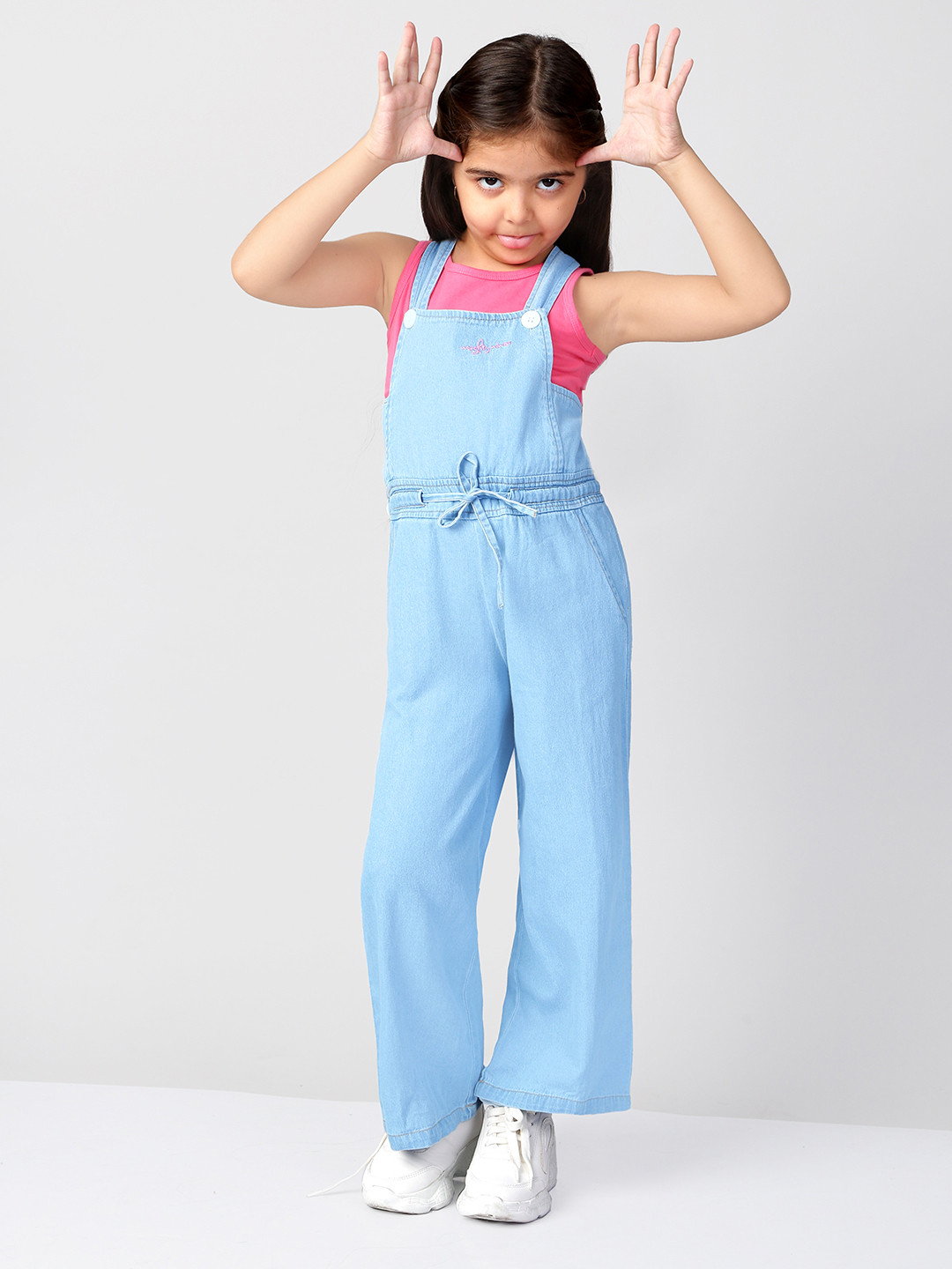 

Naughty Ninos Girls Blue & Pink Solid Cotton Straight-Leg Denim Dungarees