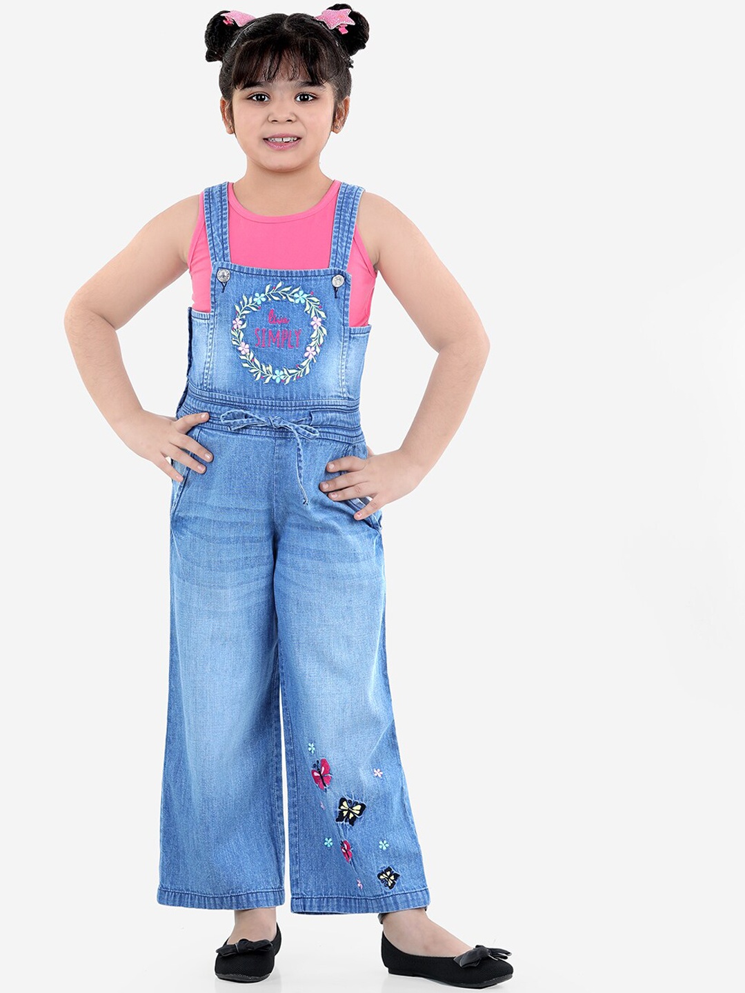 

Naughty Ninos Girls Blue & Pink Embroidered Pure Cotton Dungaree With T-Shirt