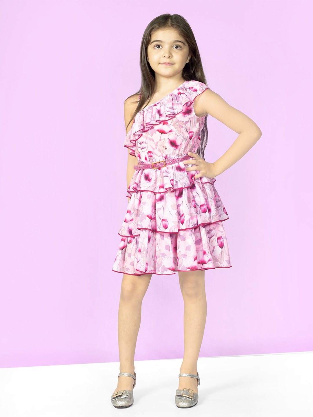 

Naughty Ninos Girls Pink & White Floral One Shoulder Crepe Dress