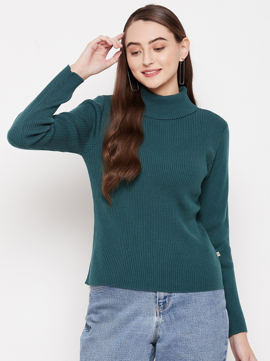 

Madame Women Teal Ribbed Pullover