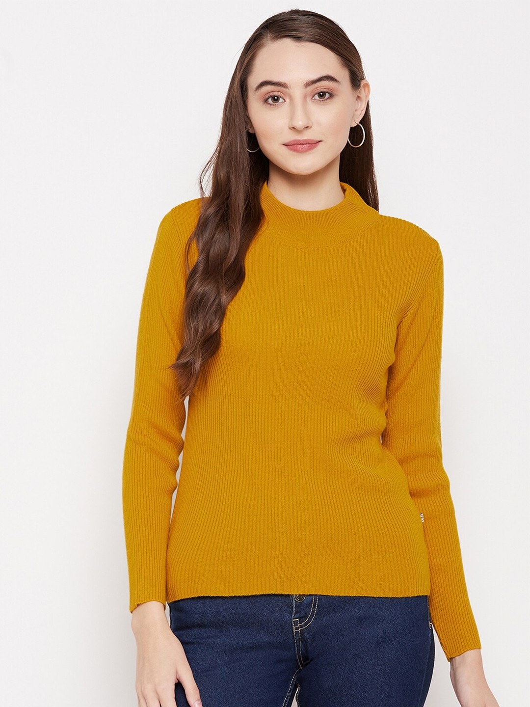 

Madame Women Yellow Ribbed Pullover