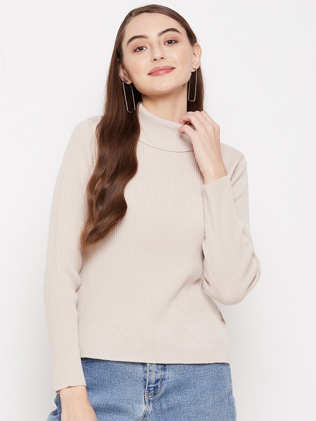

Madame Women Peach-Coloured Ribbed Pullover