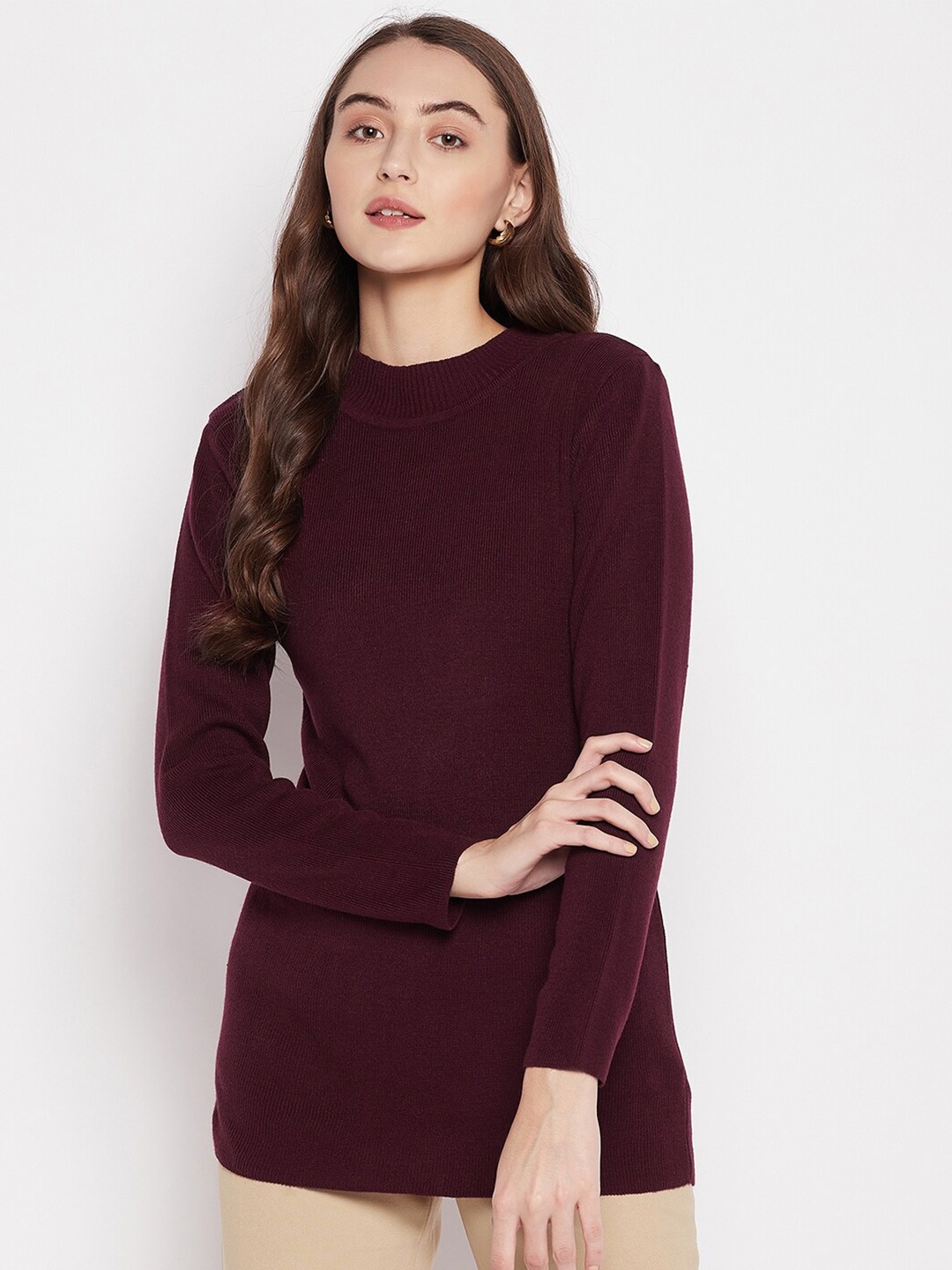 

Madame Women Maroon Ribbed Pullover