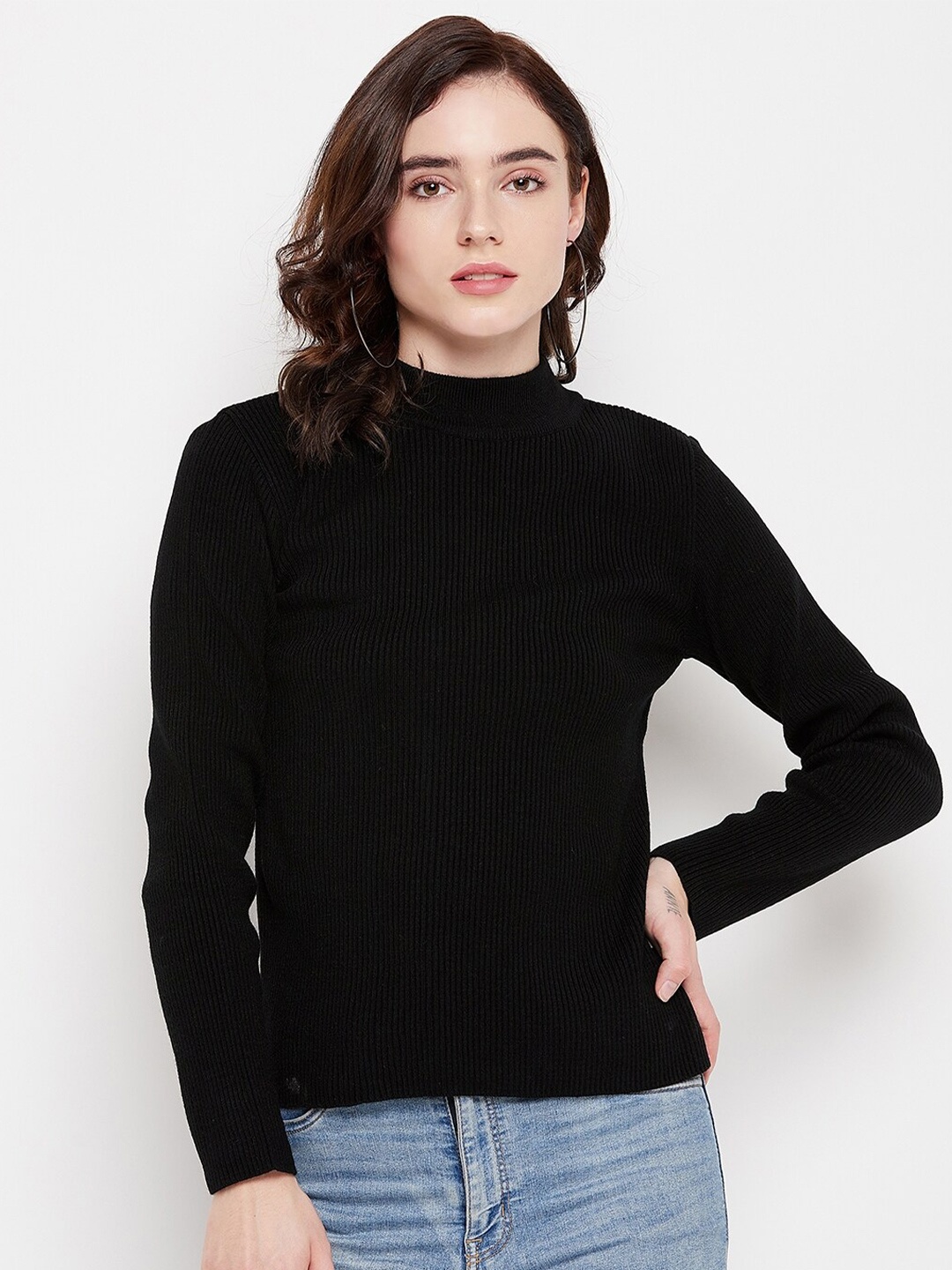 

Madame Women Black Ribbed Pullover