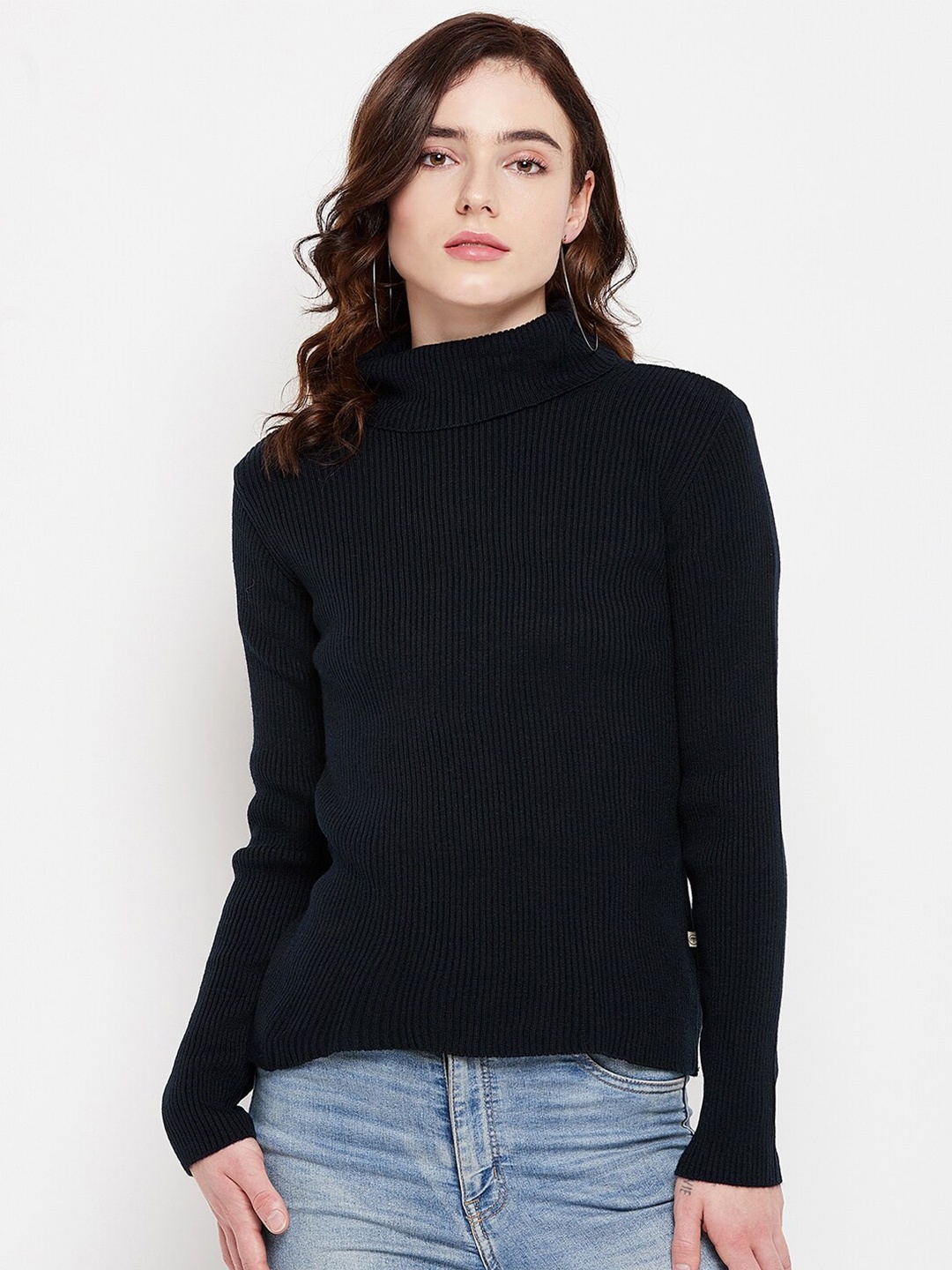 

Madame Women Navy Blue Ribbed Pullover