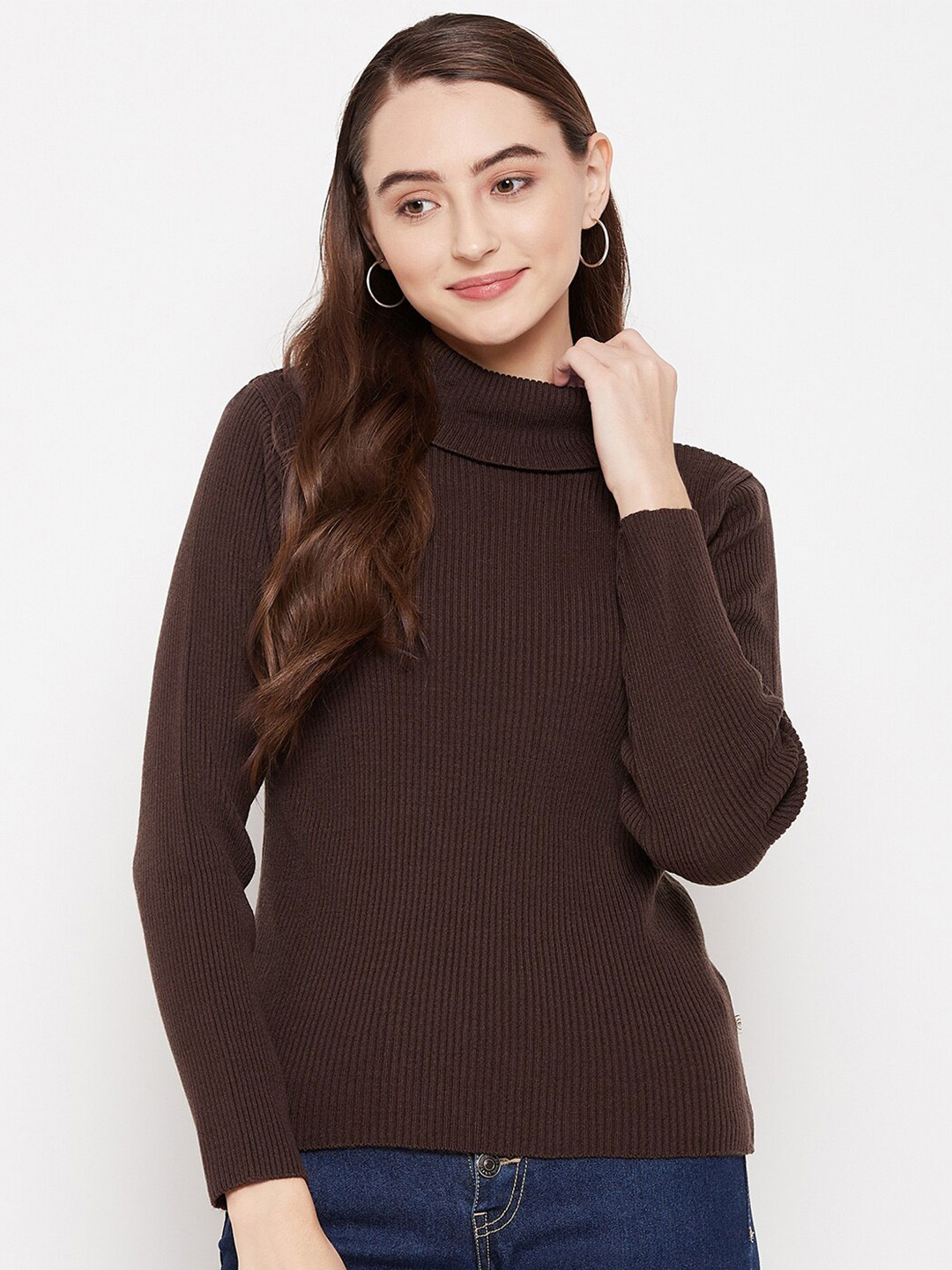 

Madame Women Brown Ribbed Pullover