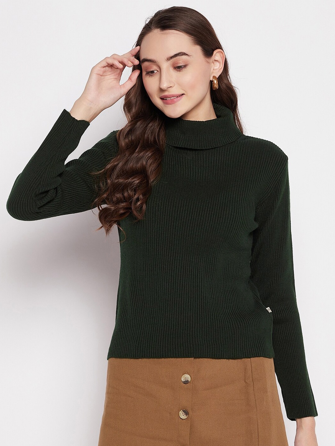 

Madame Women Olive Green Ribbed Pullover