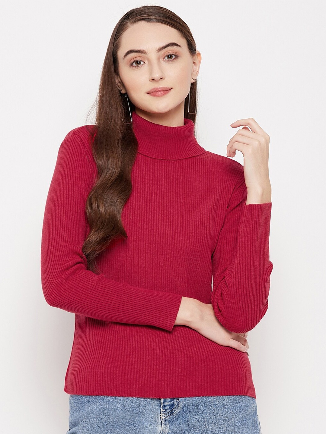 

Madame Women Red Ribbed Pullover
