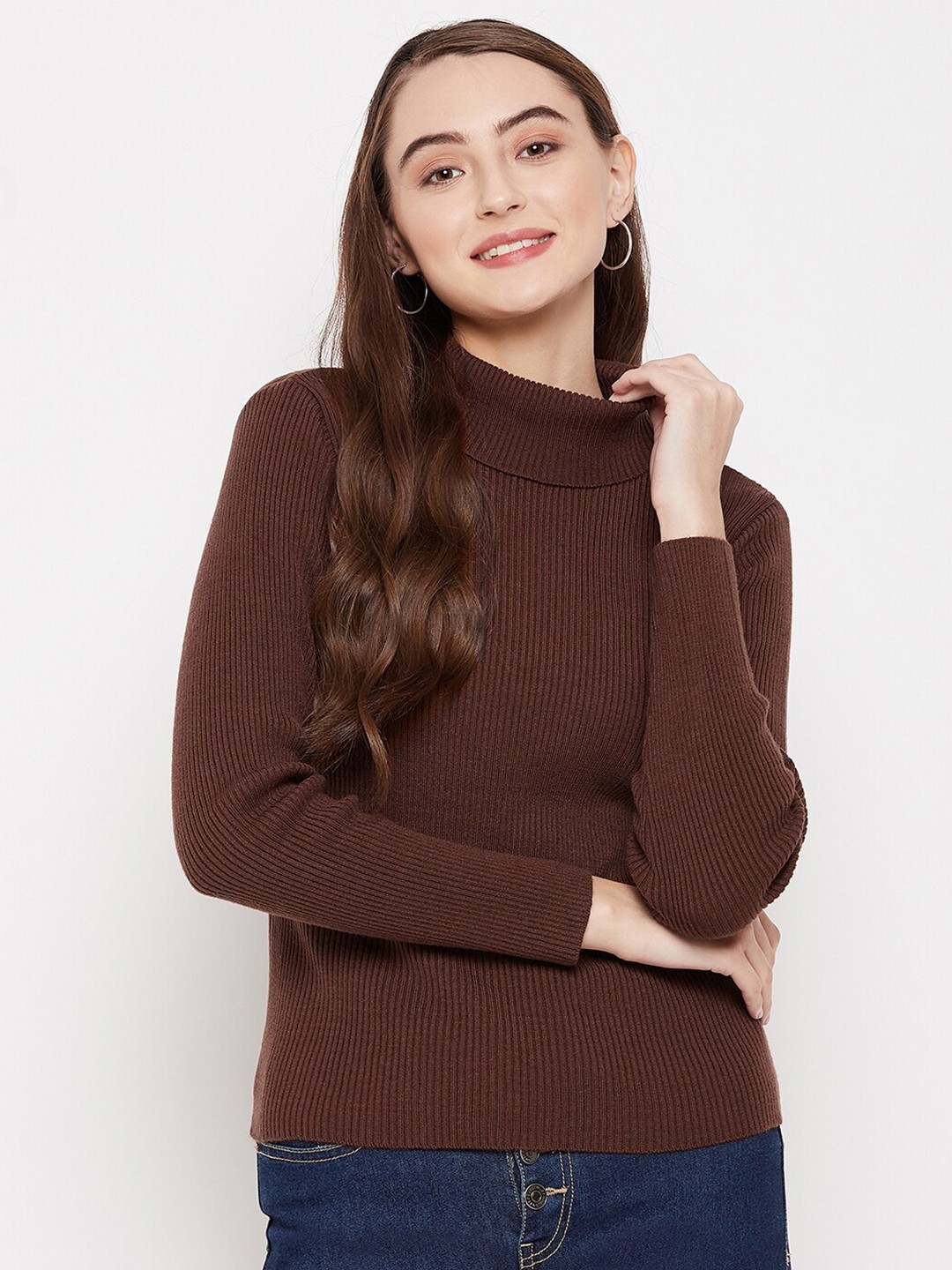 

Madame Women Brown Ribbed Pullover