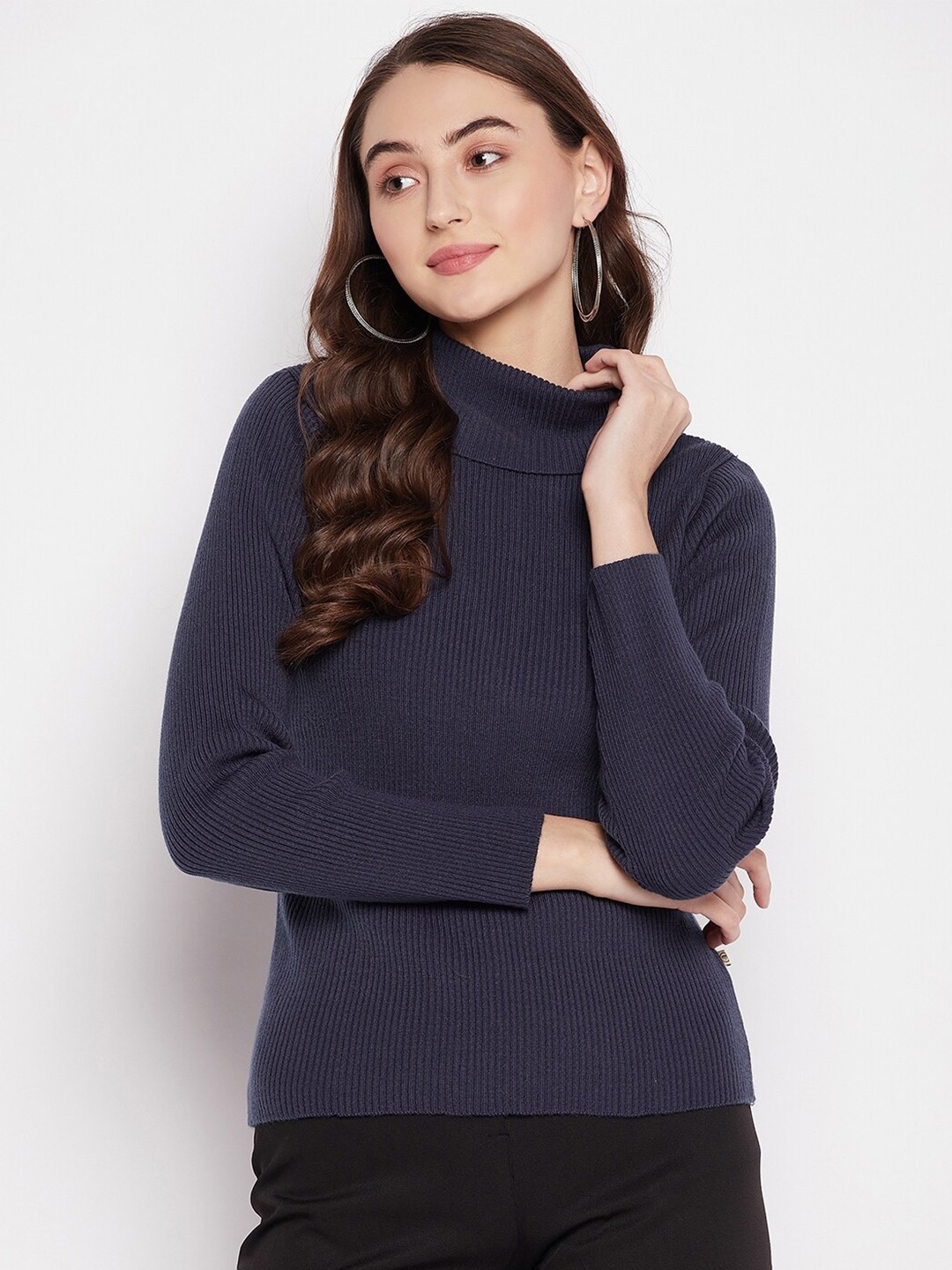 

Madame Women Blue Ribbed Pullover