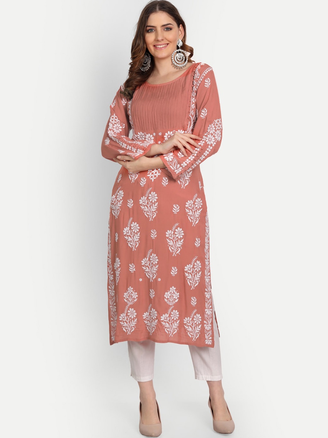 

Indiankala4u Women Coral Ethnic Motifs Embroidered Chikankari Kurta