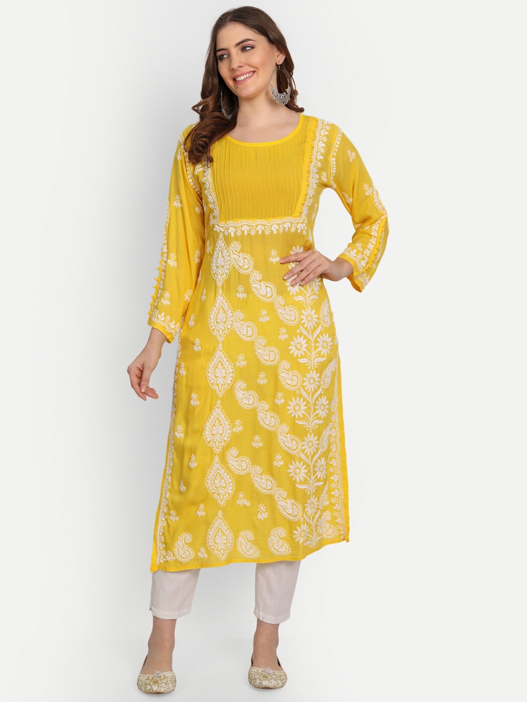 

Indiankala4u Women Ethnic Motifs Embroidered Chikankari Kurta, Yellow