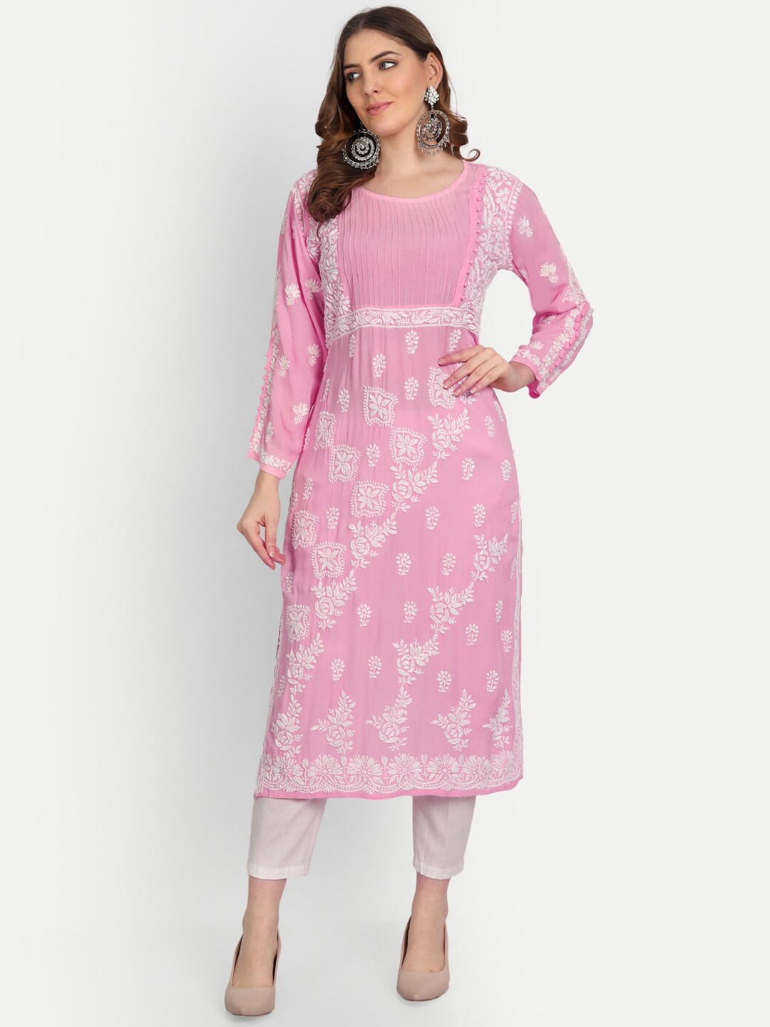 

Indiankala4u Women Pink Ethnic Motifs Embroidered Chikankari Kurta
