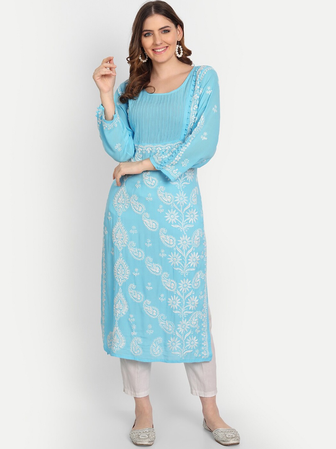 

Indiankala4u Scoop Neck Ethnic Motifs Embroidered Chikankari Straight Fit Kurta, Blue