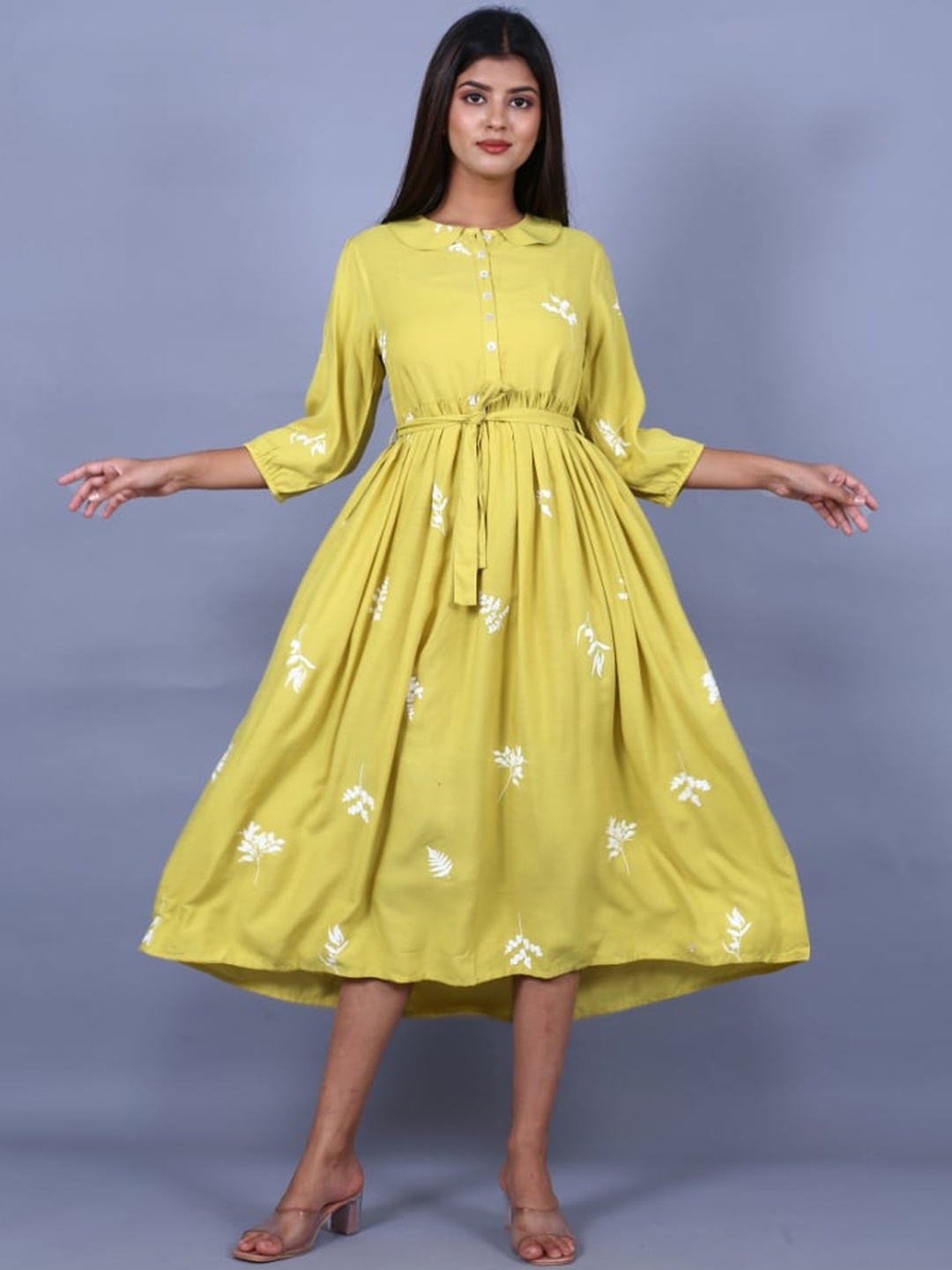 

HERE&NOW Women Plus Size Green & White Printed Knee-Length Ethnic Dresses