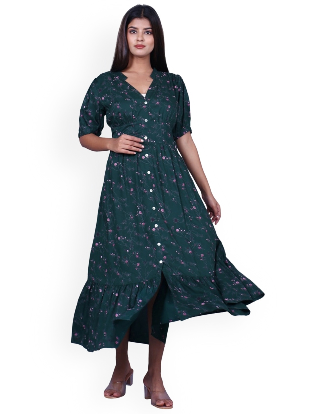 

HERE&NOW Women Plus Size Green & Pink Printed Maxi Ethnic Dresses