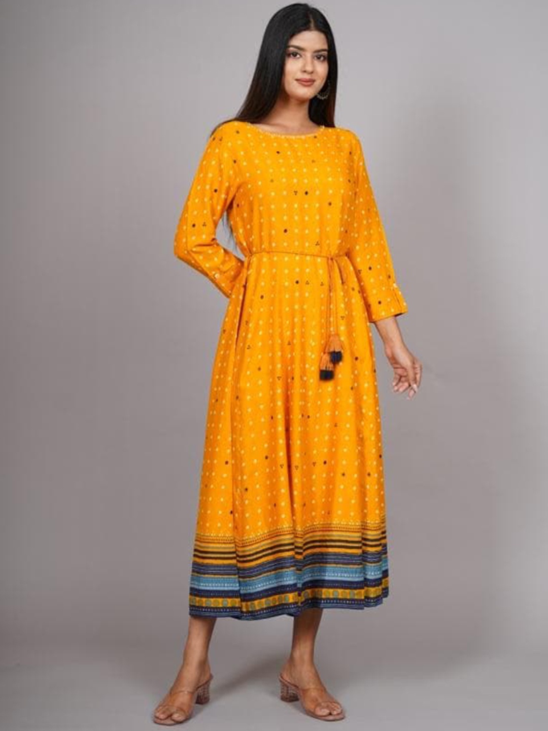 

HERE&NOW Women Plus size Mustard Yellow & White Printed Maxi Ethnic Dresses