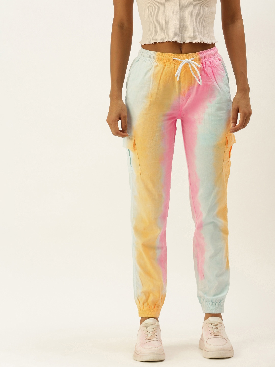 

Bene Kleed Women Yellow & Pink Pure Cotton Tie and Dye Cargos Trousers