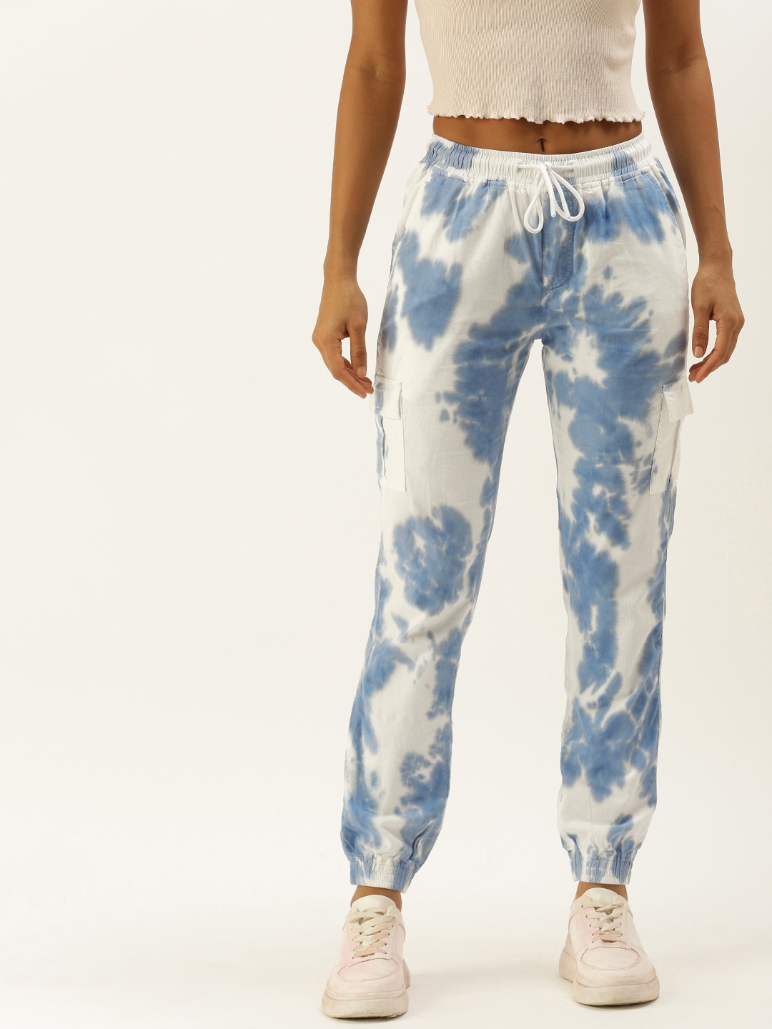 

Bene Kleed Women White & Blue Pure Cotton Tie and Dye Cargos Trousers