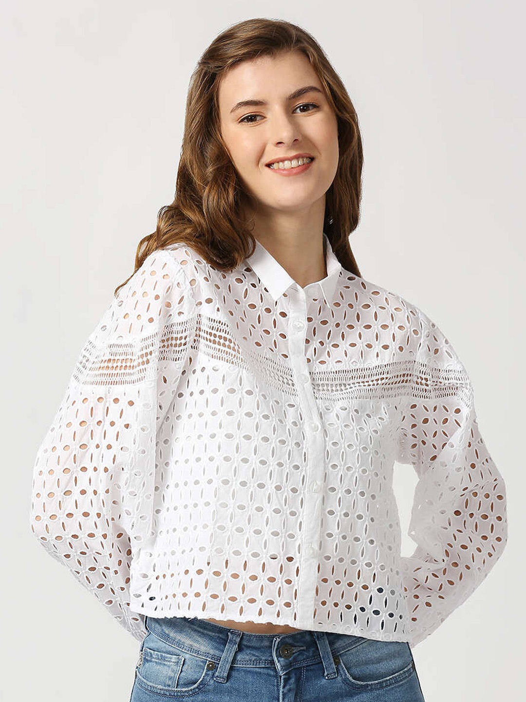 

Pepe Jeans Women White Boxy Schiffli Cotton Casual Shirt