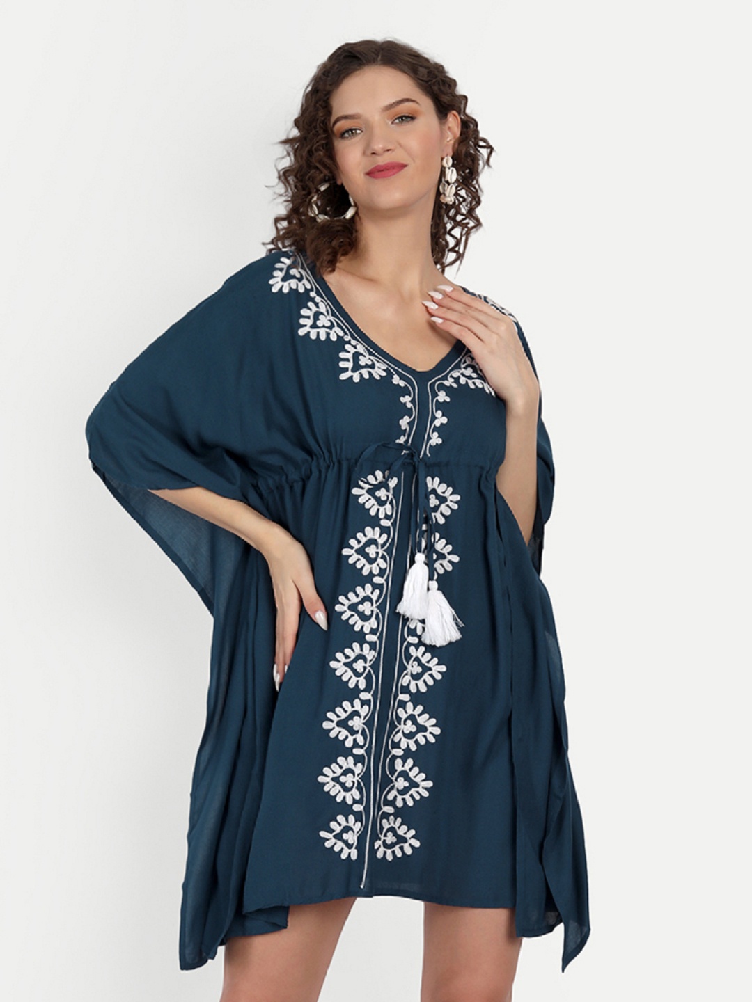

JIRON Blue Ethnic Motifs Embroidered Kaftan Dress