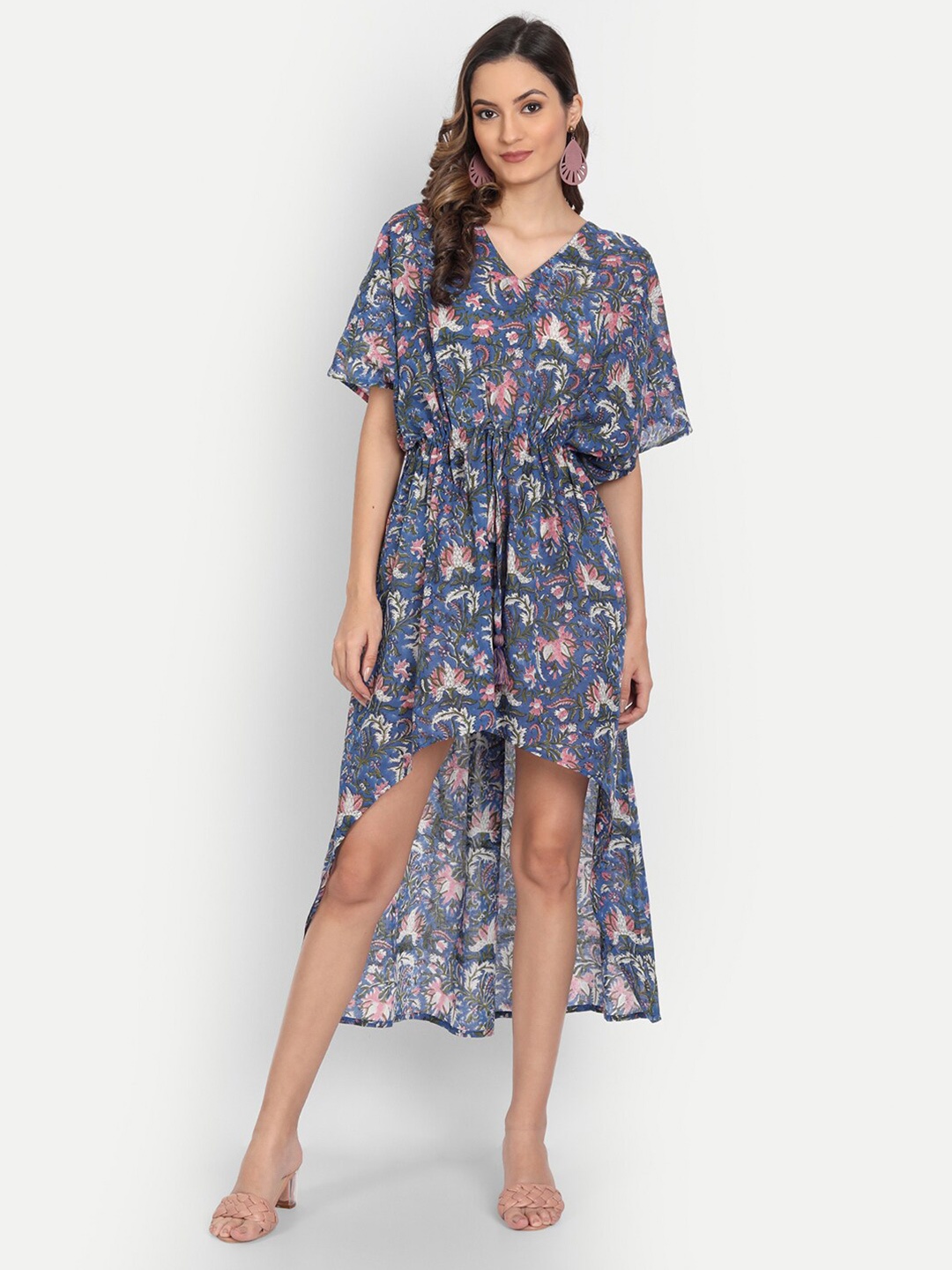 

JIRON Blue Floral Block Print Pure Cotton High Low Kaftan Midi Dress