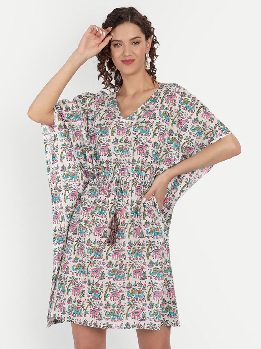 

JIRON Block Print Pure Cotton Kaftan Dress, Off white