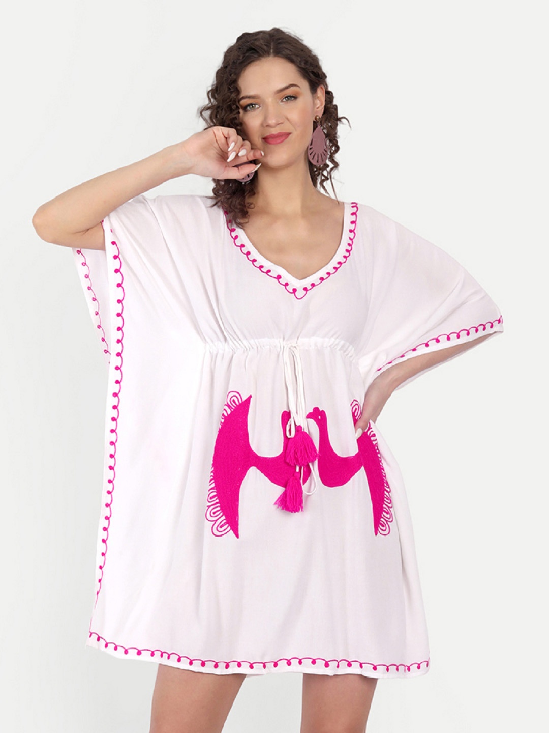 

JIRON White & Pink Embroidered Kaftan Dress