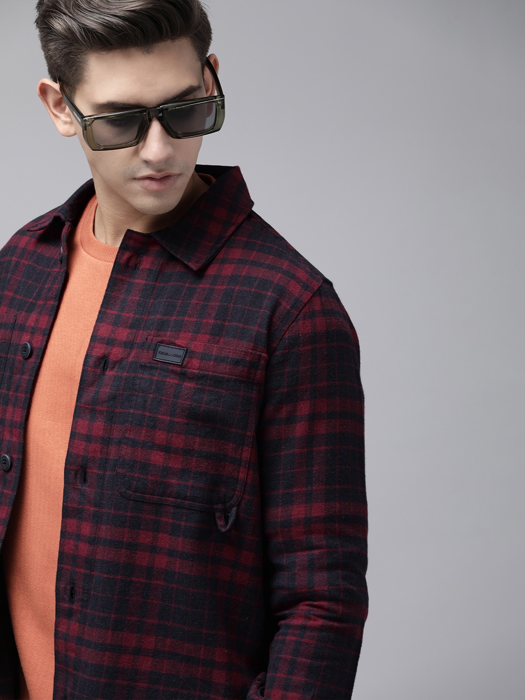 

THE BEAR HOUSE Men Checked Heavy Flannel Cotton Shacket, Maroon