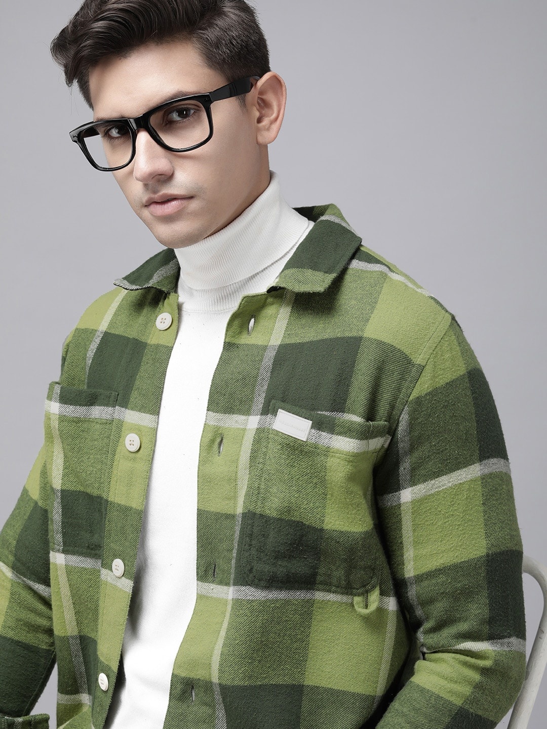 

THE BEAR HOUSE Men Checked Heavy Flannel Cotton Shacket, Green