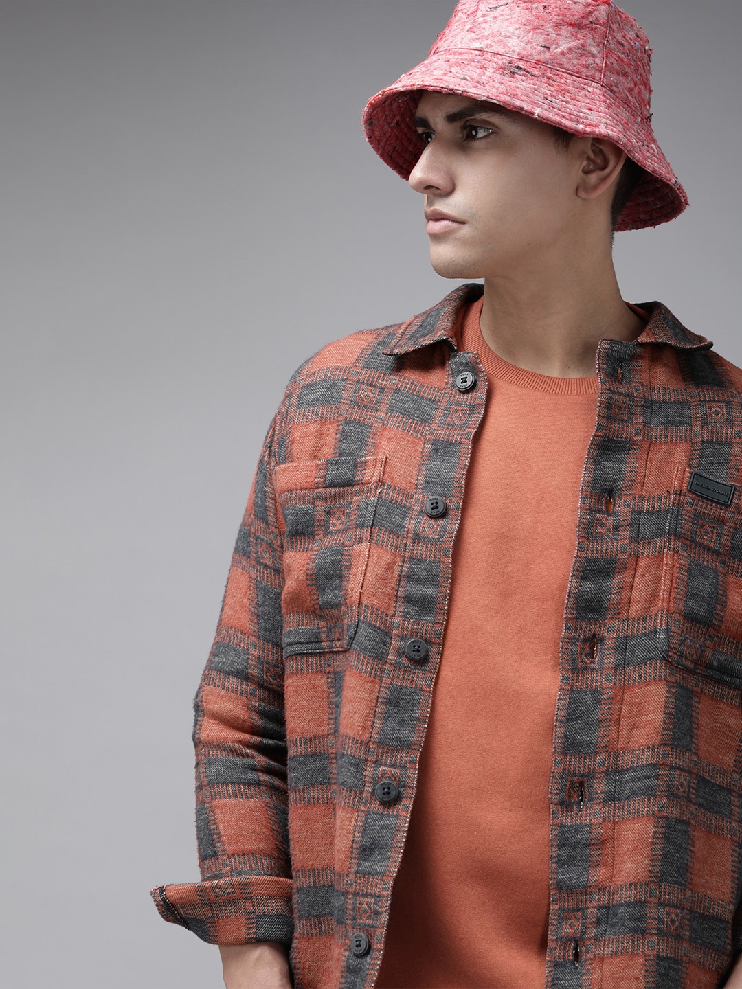 

THE BEAR HOUSE Men Checked Heavy Flannel Cotton Shacket, Brown