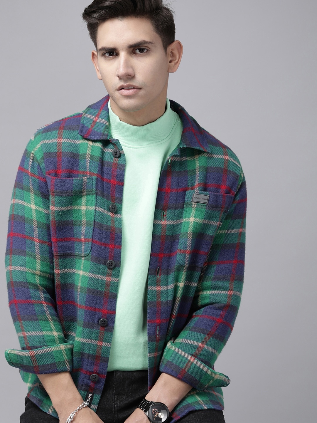 

THE BEAR HOUSE Men Checked Heavy Flannel Cotton Shacket, Green