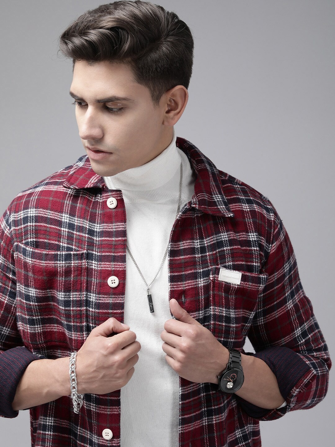 

THE BEAR HOUSE Men Checked Heavy Flannel Cotton Shacket, Maroon