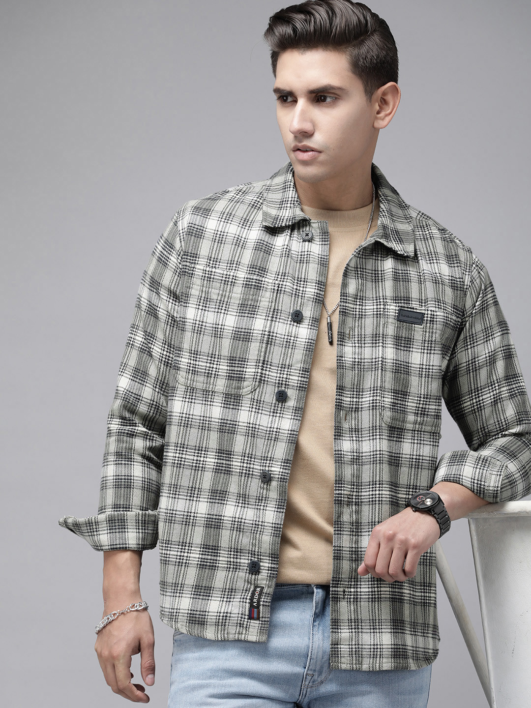 

THE BEAR HOUSE Ardor Edition Men Checked Heavy Flannel Cotton Casual Shacket, Grey