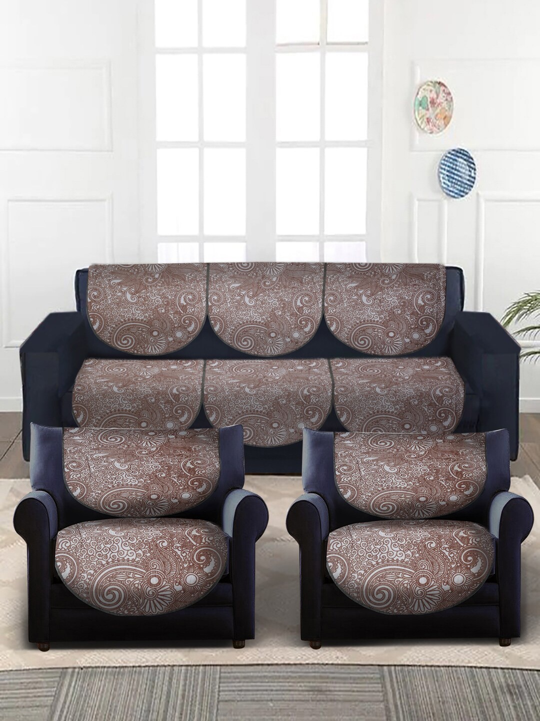 

Slushy Mushy Set Of 10 Brown Printed 5-Seater Sofa Covers