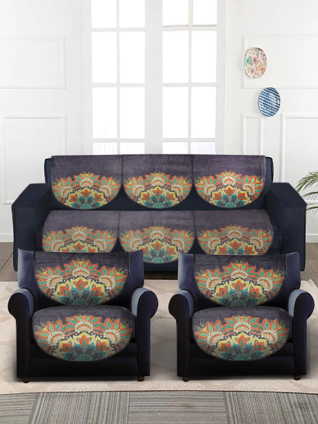 

Slushy Mushy Set Of 10 Blue & Red Printed 5-Seater Sofa Covers