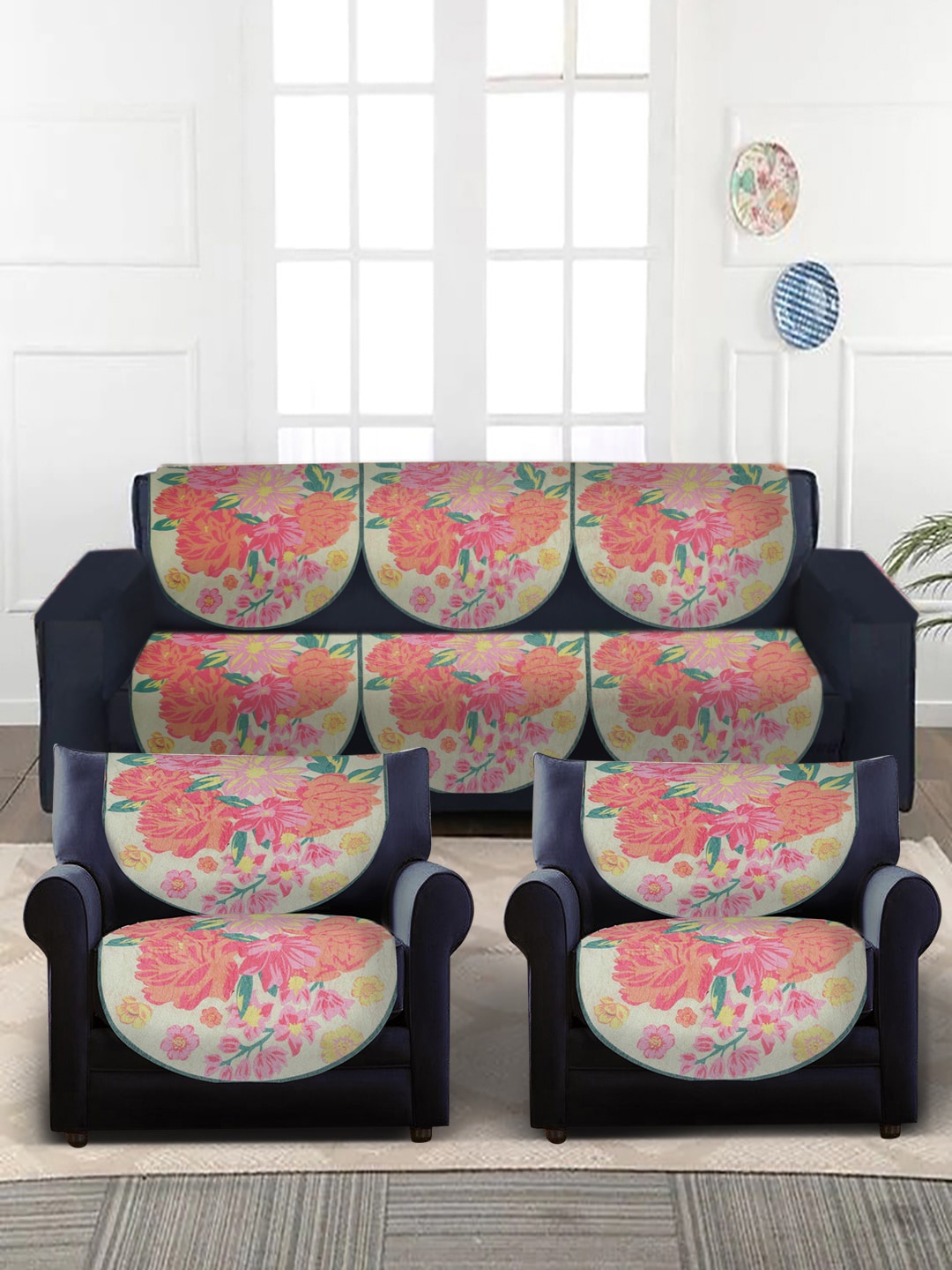 

Slushy Mushy Set Of 10 Orange & Beige Printed 5-Seater Sofa Covers