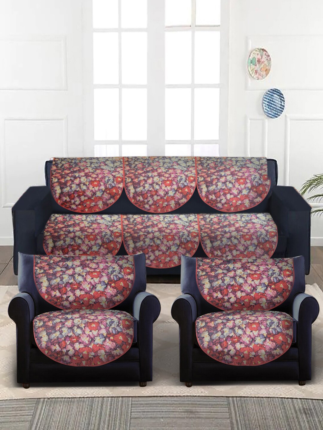 

Slushy Mushy Set Of 10 Pink & Red Printed 5-Seater Sofa Covers