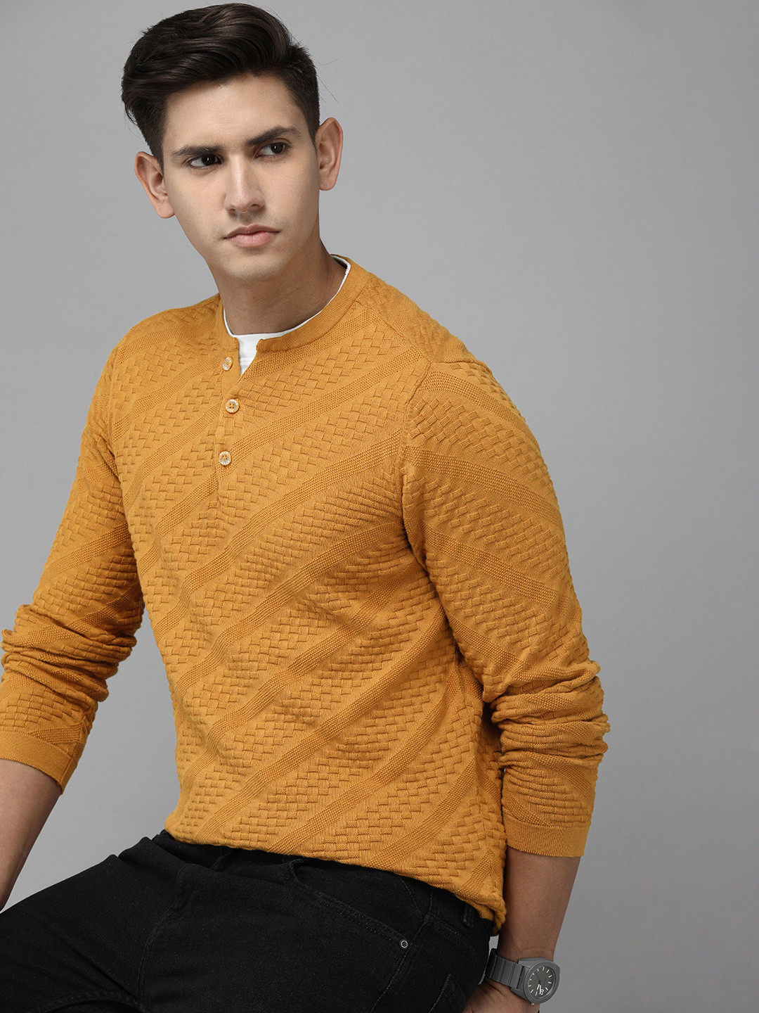 

THE BEAR HOUSE Men Self Design Pure Cotton Knitted Sweatshirt, Mustard