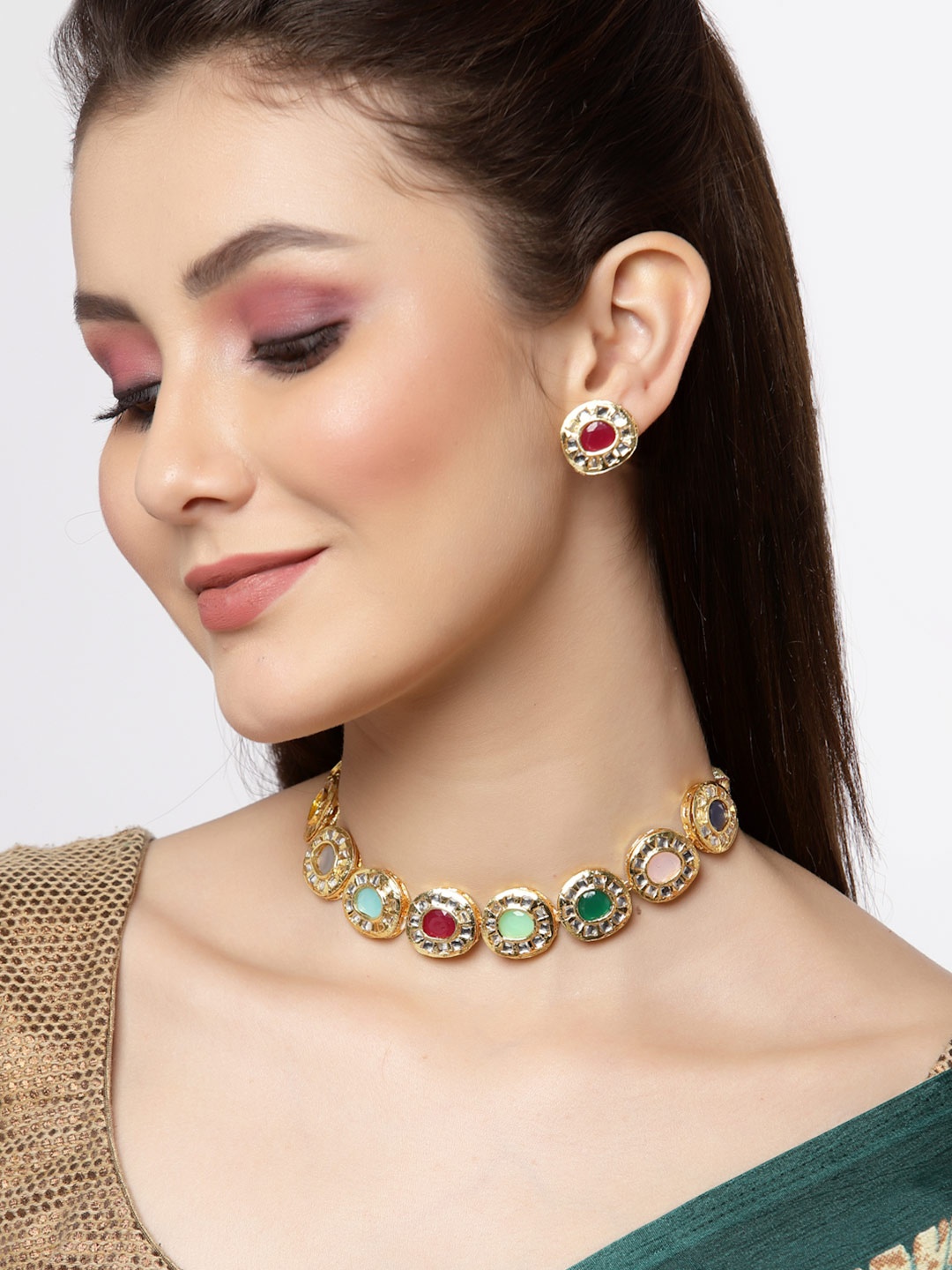 

Sanjog Gold-Plated Multicolored Kundan Meenakari Choker Jewellery Set