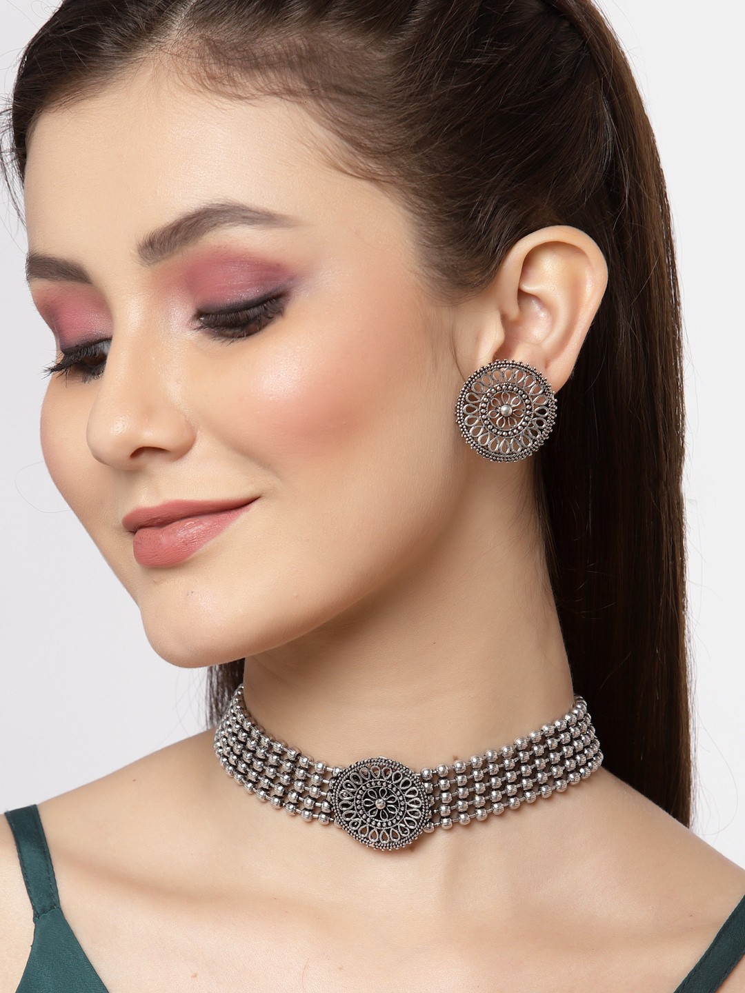 

Sanjog Silver-Plated Oxidised Choker Jewellery Set