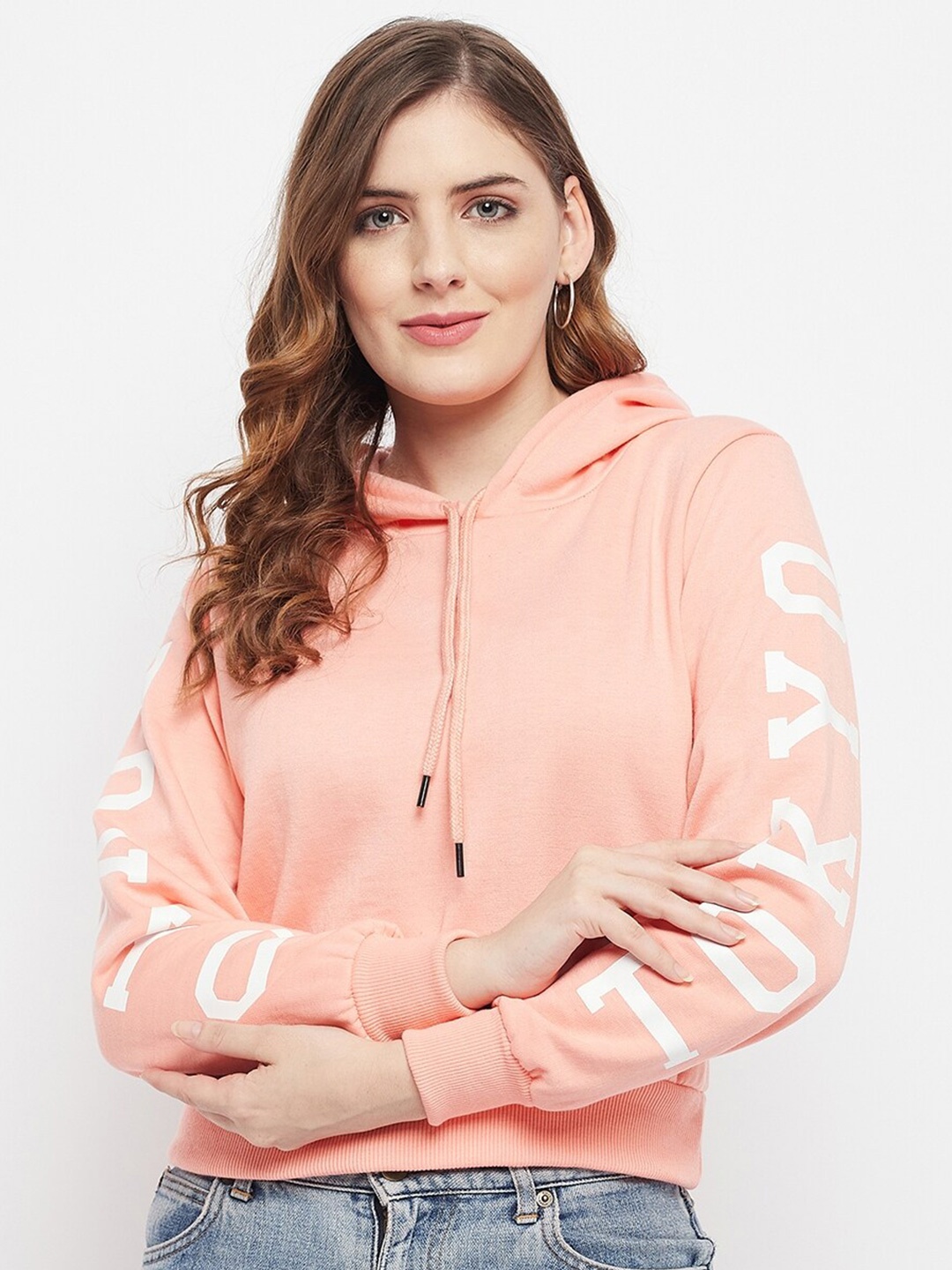 

FRAUTICA Women Peach-Coloured Printed Hooded Sweatshirt