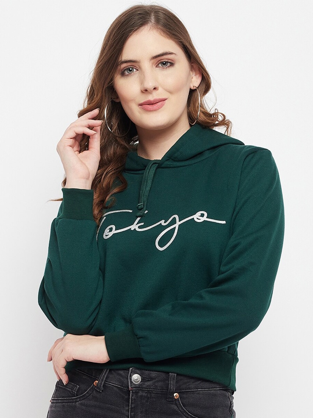 

FRAUTICA Women Green Printed Hooded Sweatshirt