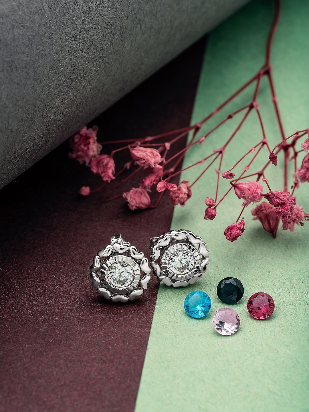 

SILBERRY White & Silver-Toned Rhodium Plated 925 Sterling Silver Circular Studs Earrings