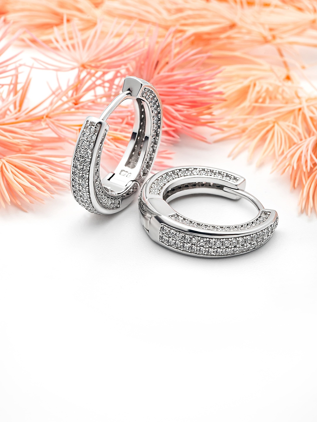 

SILBERRY White & Silver-Toned Rhodium Plated 925 Sterling Silver Hoop Earrings