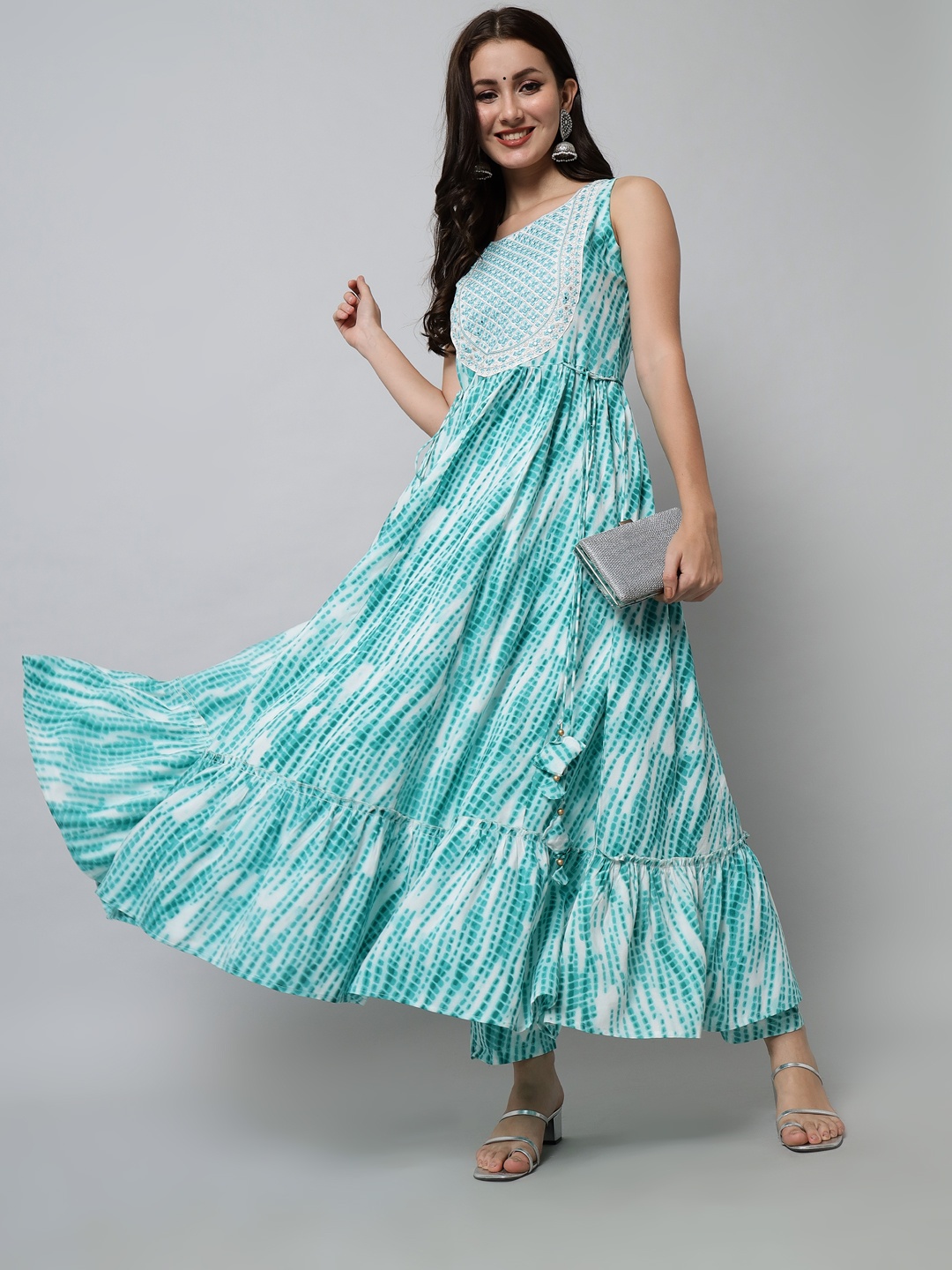 

KALINI Women Blue Ethnic Motifs Embroidered Tiered Thread Work Kurta with Trousers