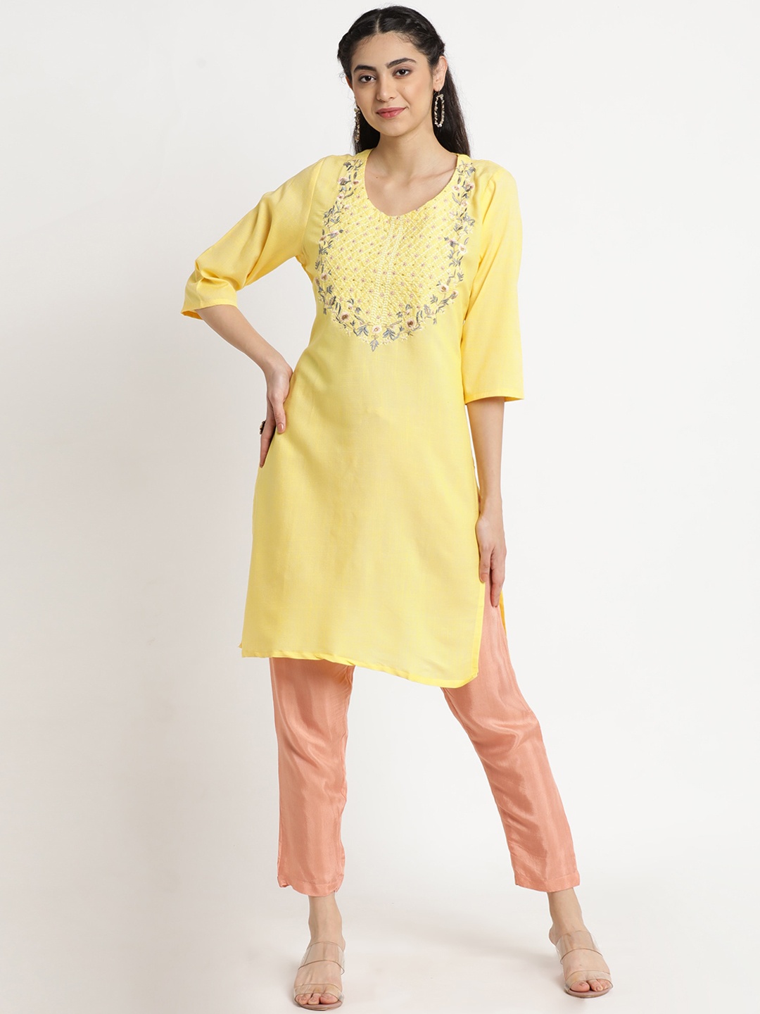 

FLAVIDO Women Yellow Floral Yoke Design Thread Work Kurta