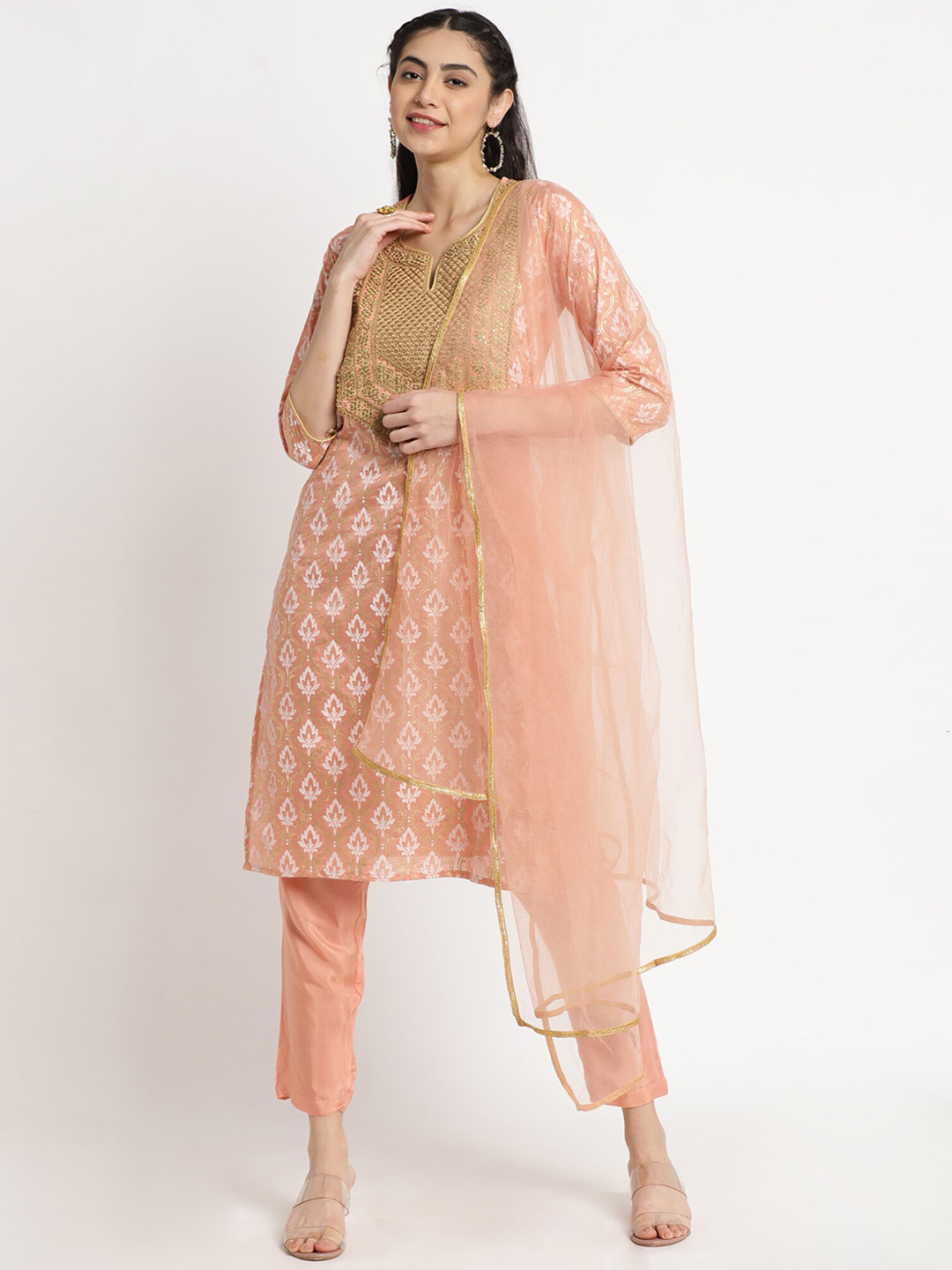 

FLAVIDO Women Peach Ethnic Motifs Thread Work Chanderi Silk Kurta &Trouser & Dupatta